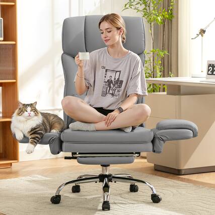 Front. KERDOM - Ergonomic Big Office Leather Chair with Expandable Arms, Reclining Cross Legged Chair with Footrest Wide Seat for Gaming - Grey.