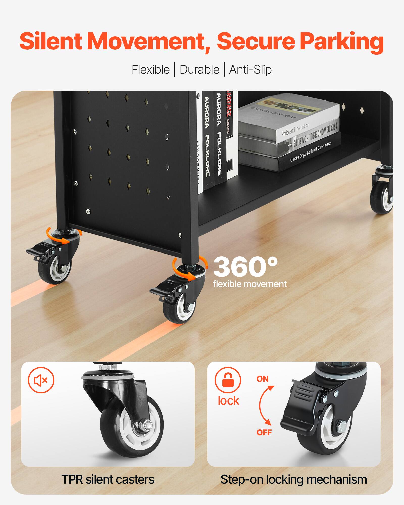 Silent Movement, Secure Parking

Flexible | Durable | Anti-Slip

360° flexible movement

TPR silent casters

Step-on locking mechanism