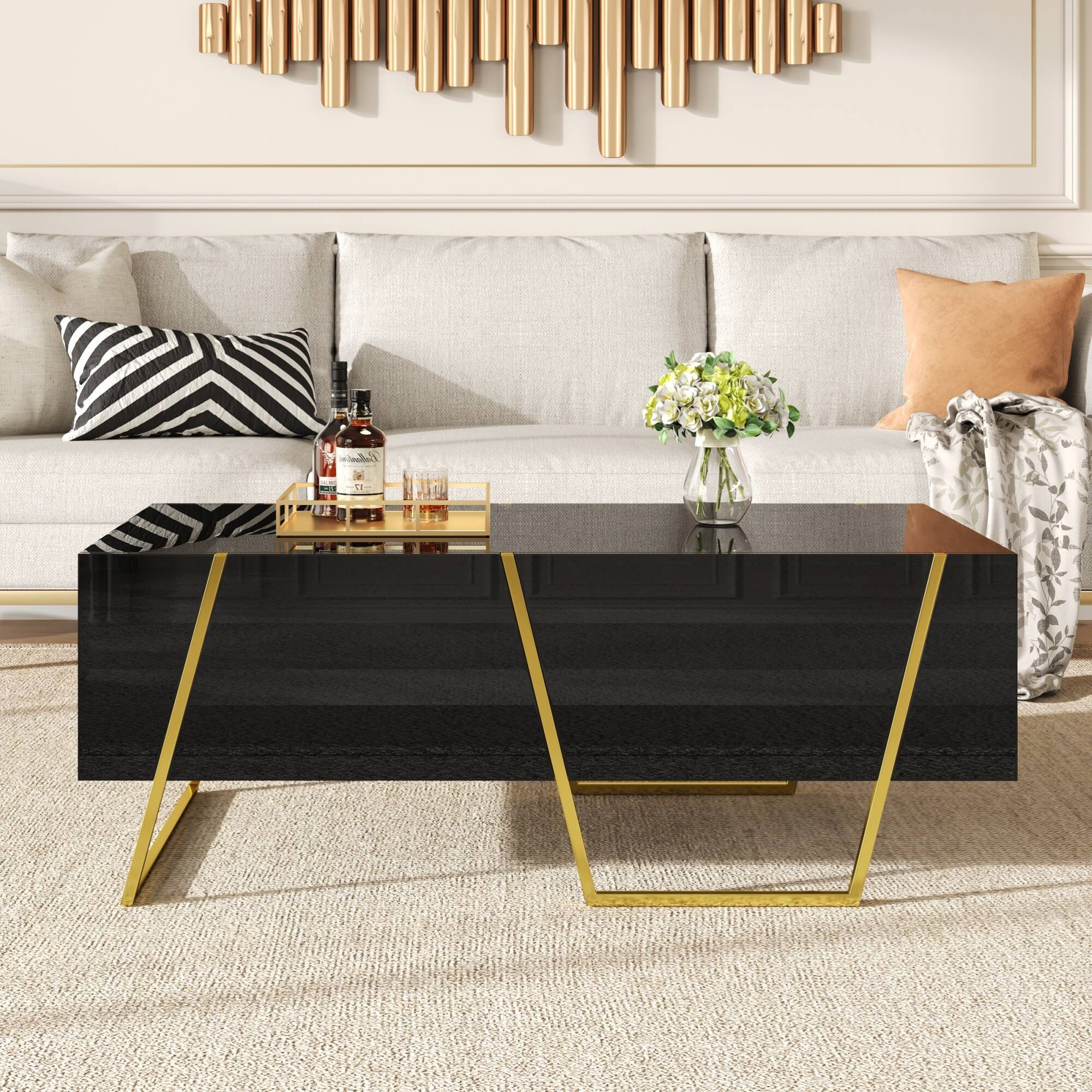 GOODSILO - Modern Rectangular High Gloss Coffee Table with Storage Drawers and Gold Metal Base for Contemporary Living Room - Black+Gold