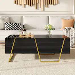 GOODSILO - Modern Rectangular High Gloss Coffee Table with Storage Drawers and Gold Metal Base for Contemporary Living Room - Black+Gold