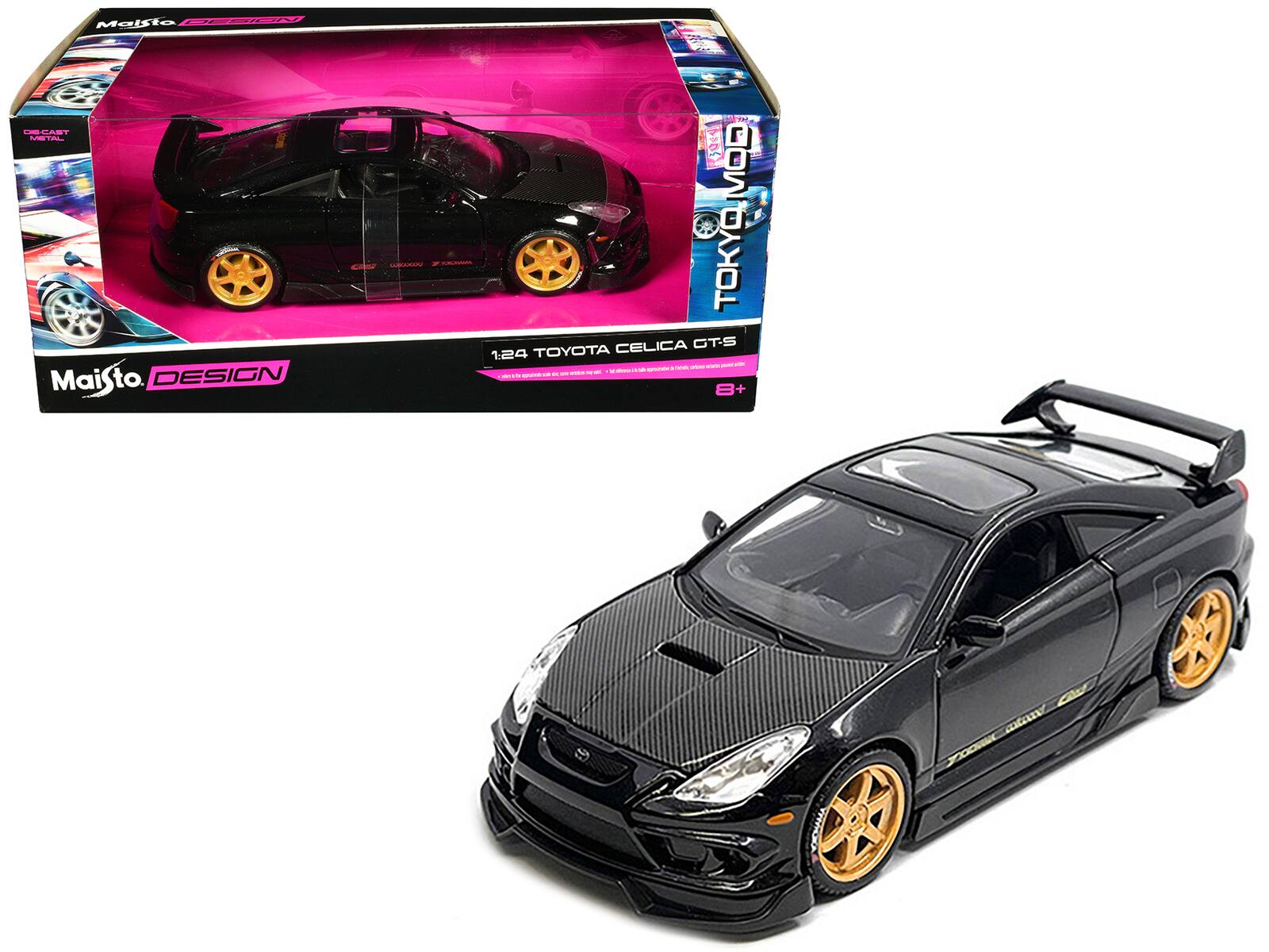 Toyota Celica GT-S Hood and Sunroof "Maisto Design Tokyo Mod" Series 1/24 Diecast Model Car by Maisto - Black With Carbon