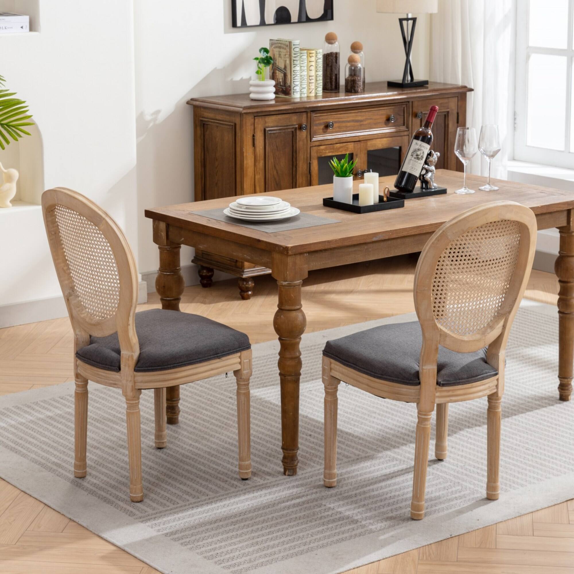 Alt View 8. GOODSILO - French Style Solid Wood Dining Chairs with Linen Upholstery and Rattan Backrest, Set of 2 - Gray.
