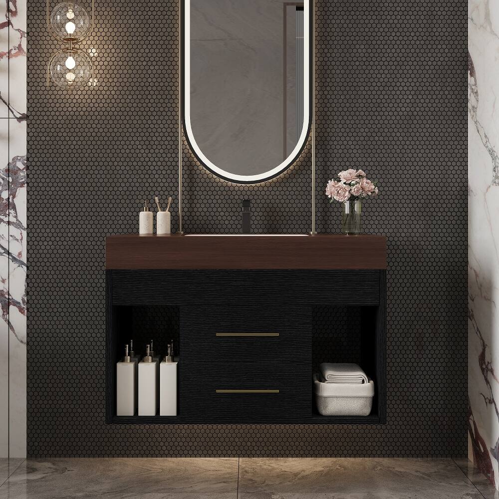 Back. Loheer - Loheer 29.9 inch floating bathroom vanity Sintered Stone Top Wall Mounted - Black, Walnut.
