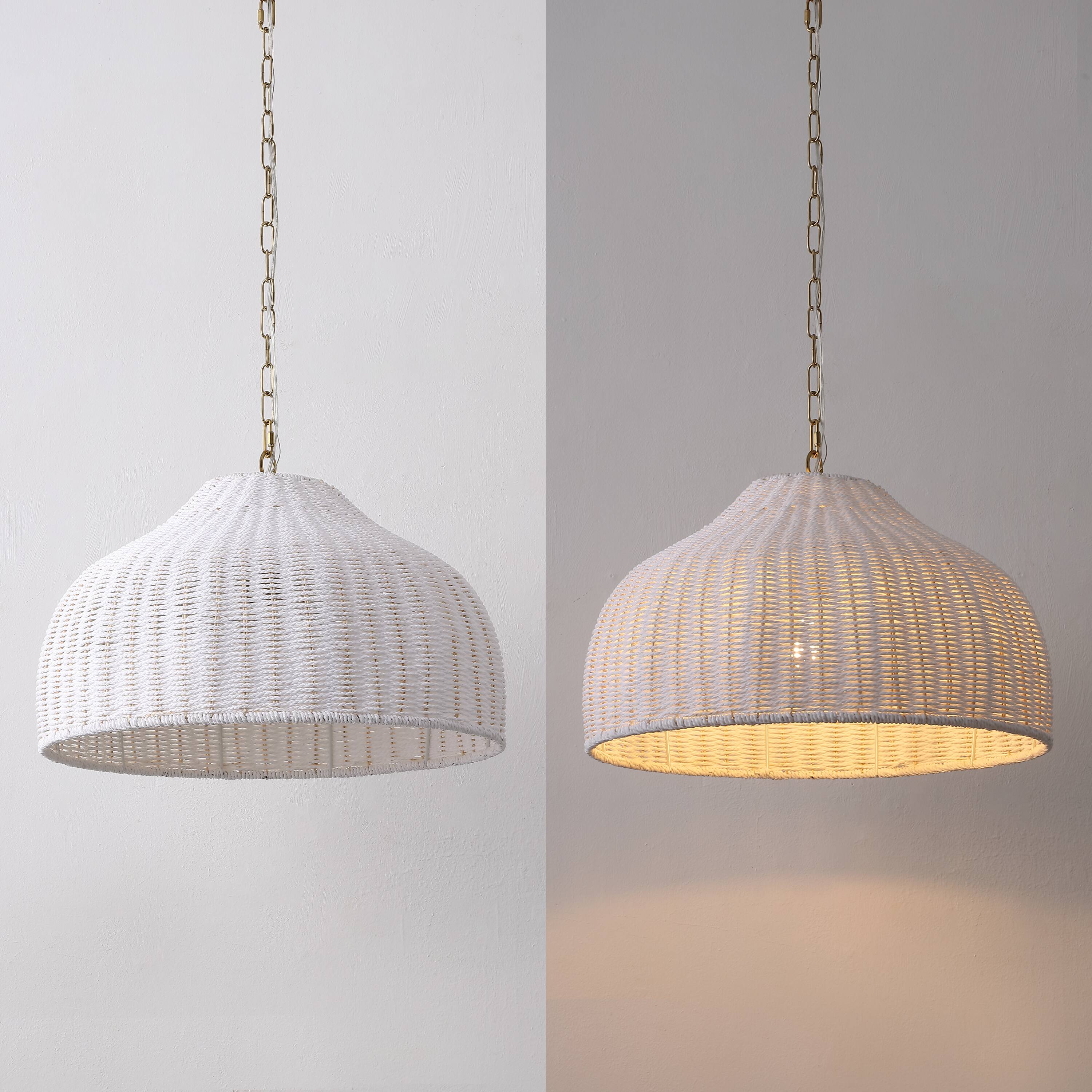 Alt View 6. Jonathan Y - Eliza 20" Coastal Bohemian White and Brass Gold Dome Pendant Light with Woven Rattan Shade for Kitchen Island, 1-Light - White/Brass Gold.