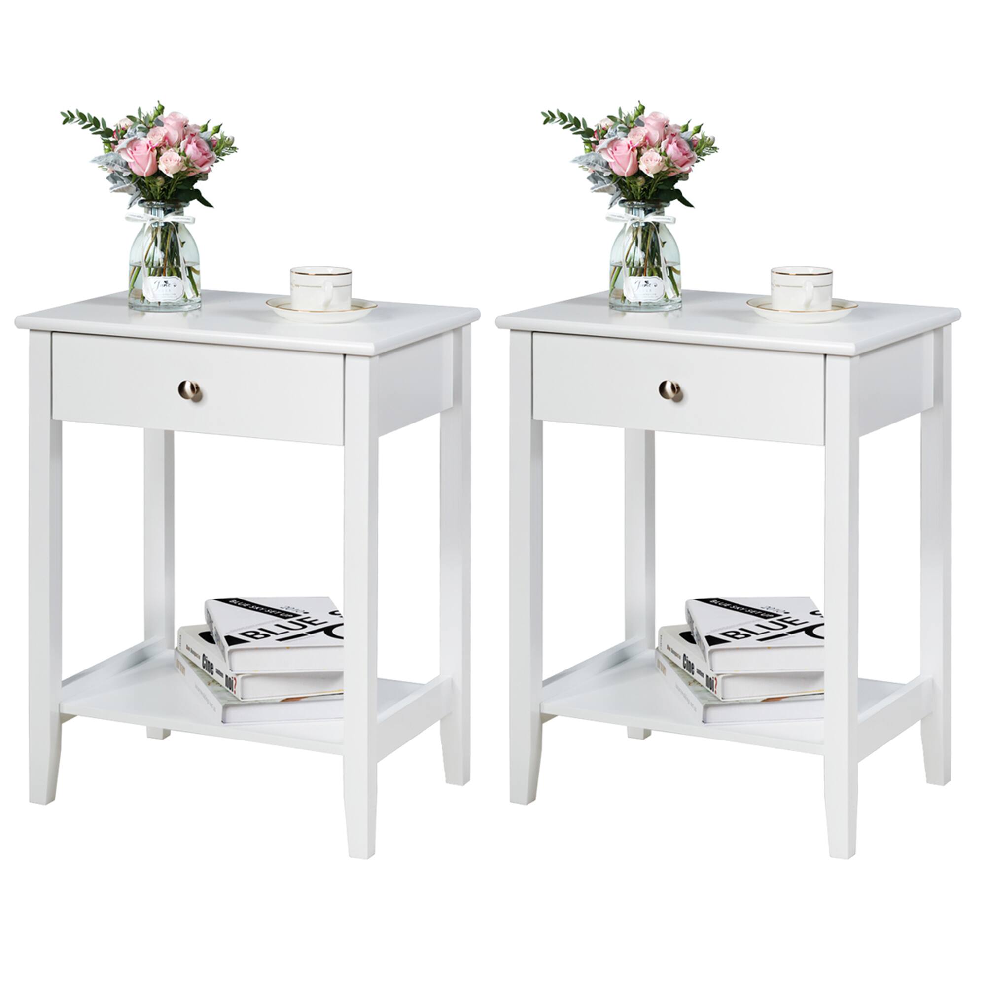 Gymax - 2PCS Nightstand Sofa Side End Table Bedroom Living Room w/ Shelf Drawer - White