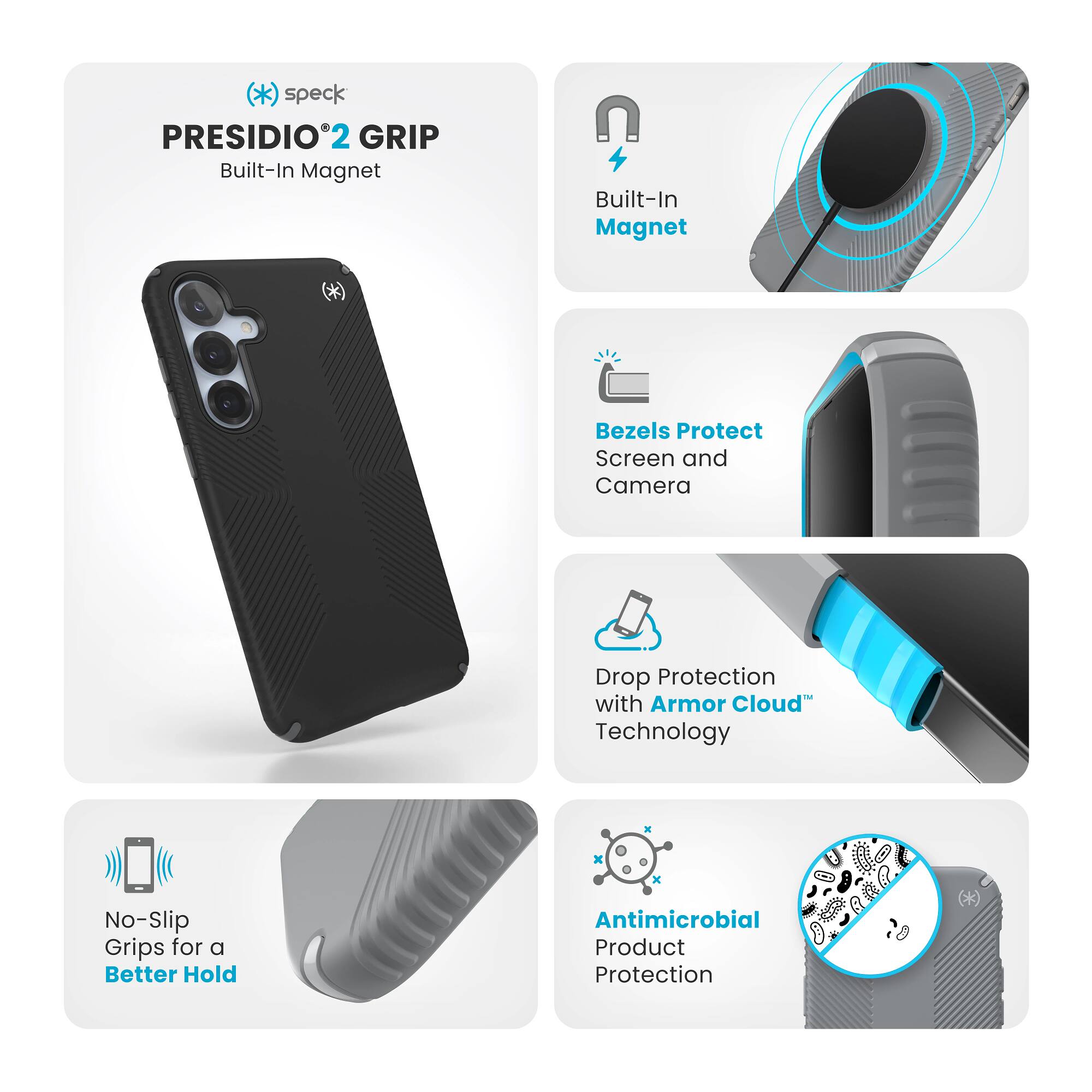 Presidio 2 Grip is a built-in magnet case that offers drop protection with Armor Cloud technology. It features no-slip grips for a better hold and antimicrobial product protection.