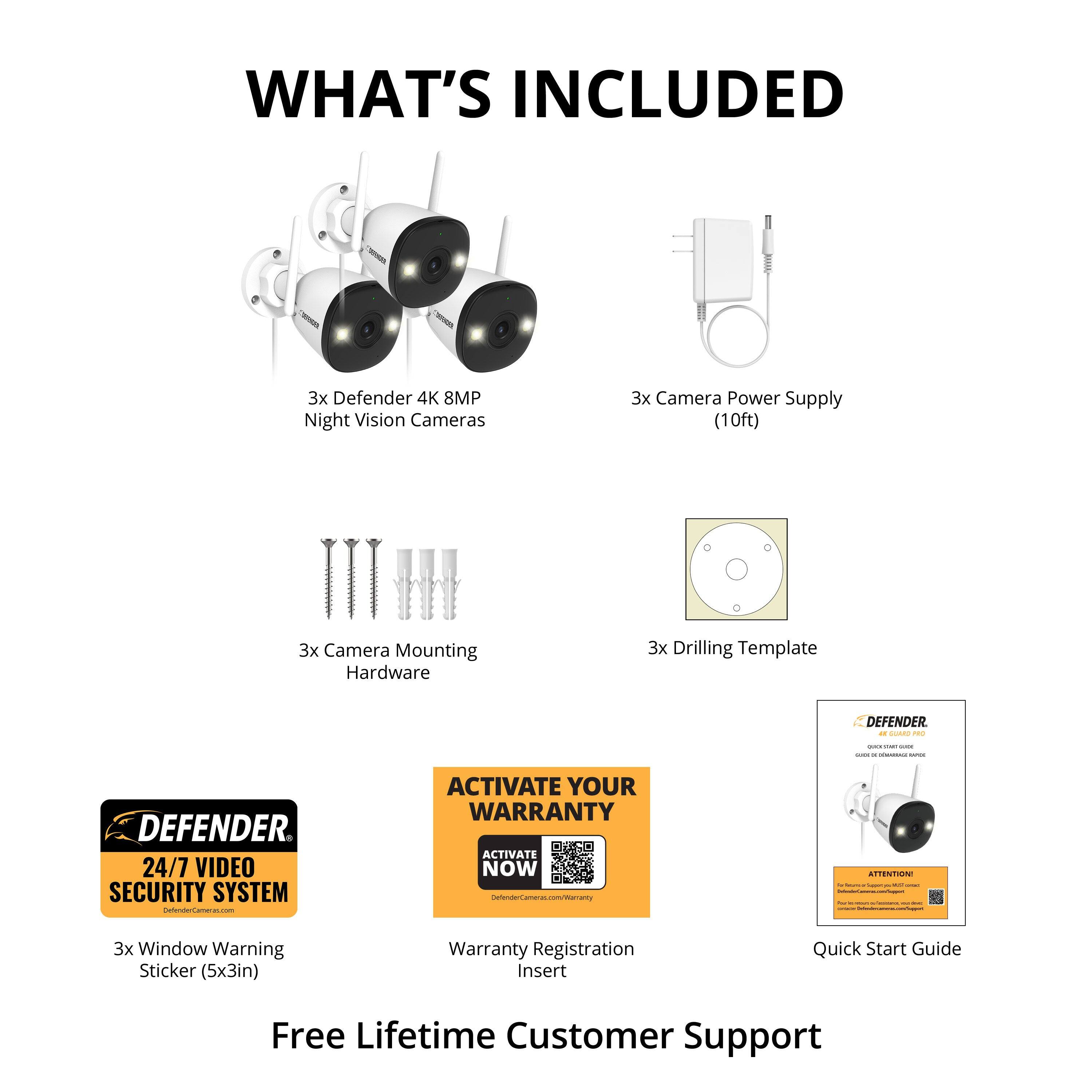 **WHAT'S INCLUDED**

- 3x Defender 4K 8MP Night Vision Cameras
- 3x Camera Power Supply (10ft)
- 3x Camera Mounting Hardware
- 3x Drilling Template
- 3x Window Warning Sticker (5x3in)
- Warranty Registration Insert
- Quick Start Guide
- Free Lifetime Customer Support

**DEFENDER**
24/7 VIDEO SECURITY SYSTEM

**ACTIVATE YOUR WARRANTY**
ACTIVATE NOW
DefenderCameras.com/Warranty

**ATTENTION**
Quick Start Guide
DefenderCameras.com/Warranty