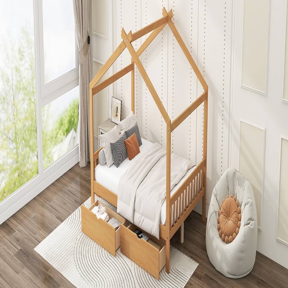 Alt View 3. Loheer - Loheer Full Size House Bed with Drawers, Natural Pine Wood Platform Frame - Natural.