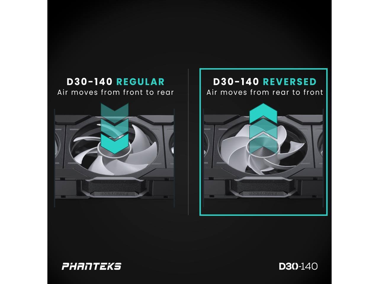 D30-140 REGULAR  
Air moves from front to rear  

D30-140 REVERSED  
Air moves from rear to front  

PHANTEKS  

D30-140