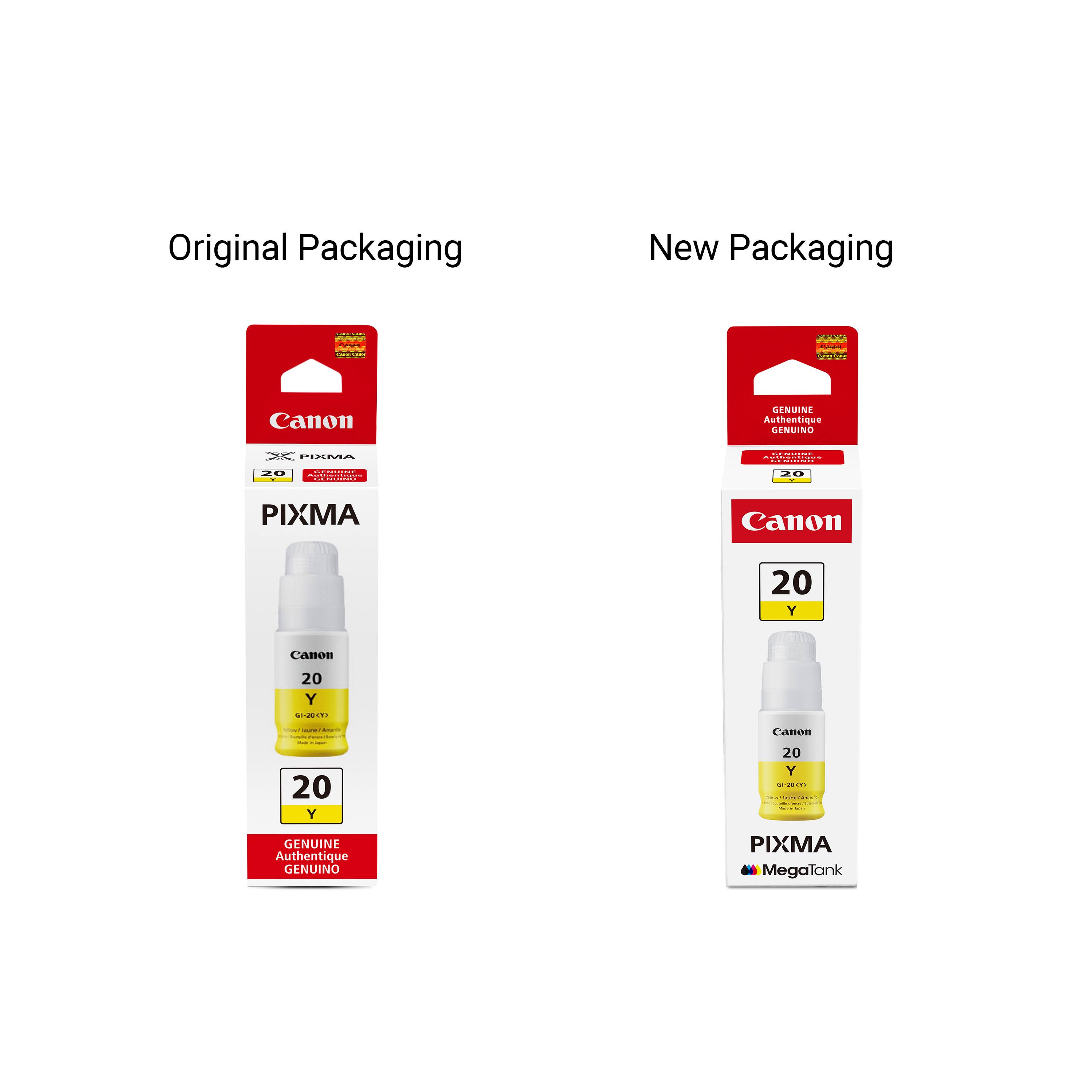 Original Packaging  
New Packaging  

Canon  
PIXMA  
20 Y  
GENUINE Authentique GENUINO  

Canon  
PIXMA  
20 Y  
MegaTank  
GENUINE Authentique GENUINO