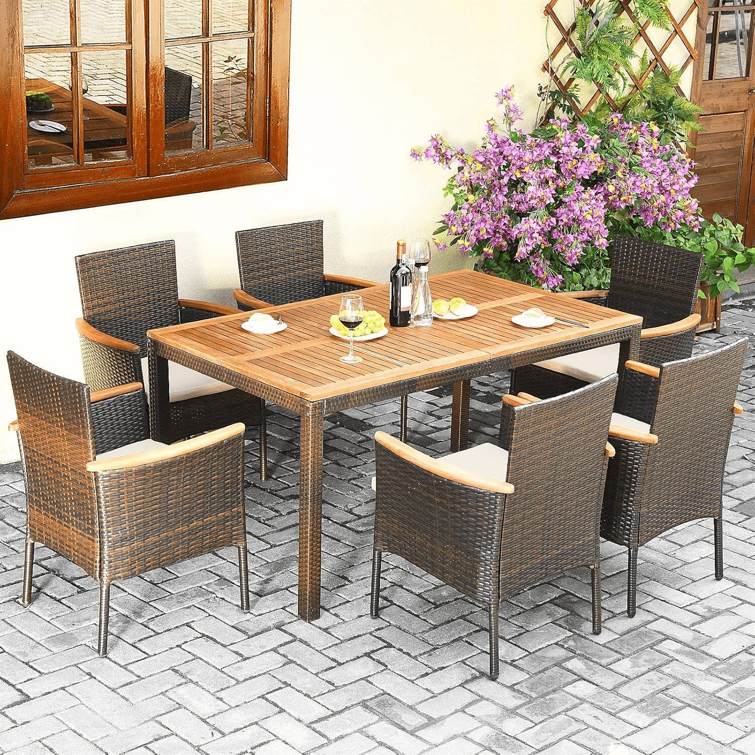 Alt View 3. Costway - Costway Outdoor Patio Wicker Chairs Set of 6 with Steel Frame & Soft Cushions, Armrests - Mix Brown & Beige.