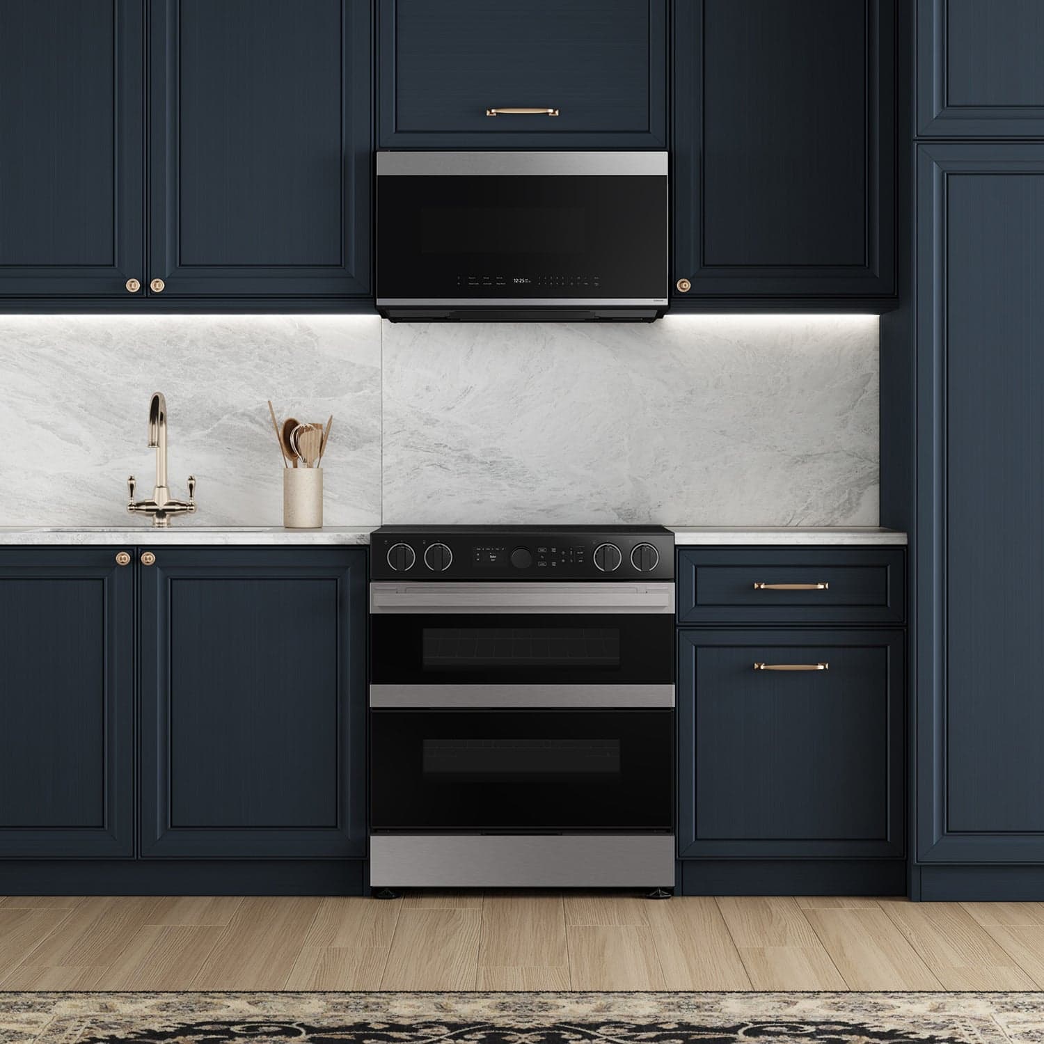 The image features a kitchen with a stove top oven and a microwave above it. The oven is positioned in the middle of the kitchen, while the microwave is placed above it. The kitchen also has a sink and a countertop, which complements the overall design. The combination of the stove, microwave, and sink creates a functional and efficient space for cooking and food preparation.