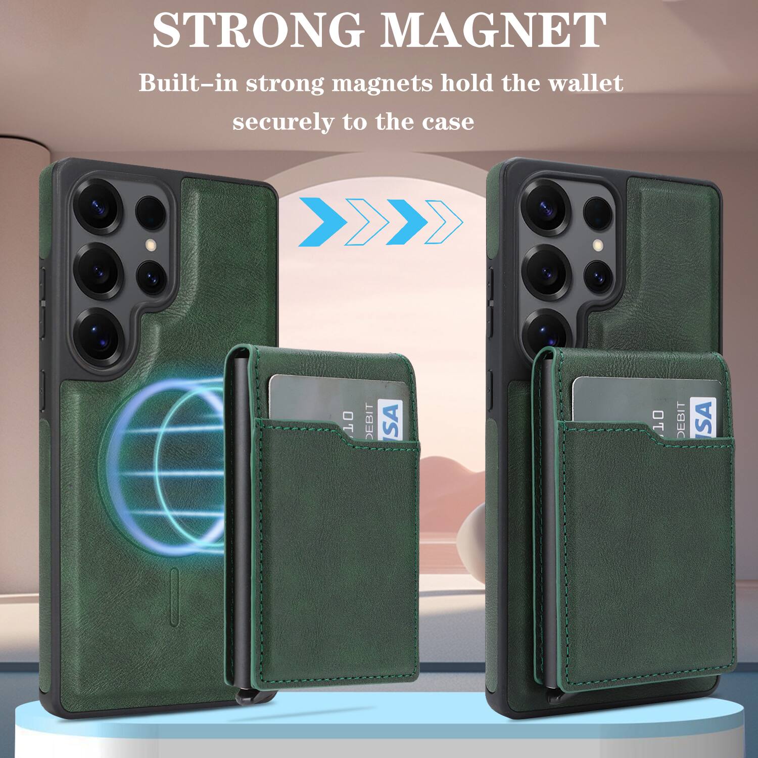 STRONG MAGNET  
Built-in strong magnets hold the wallet securely to the case