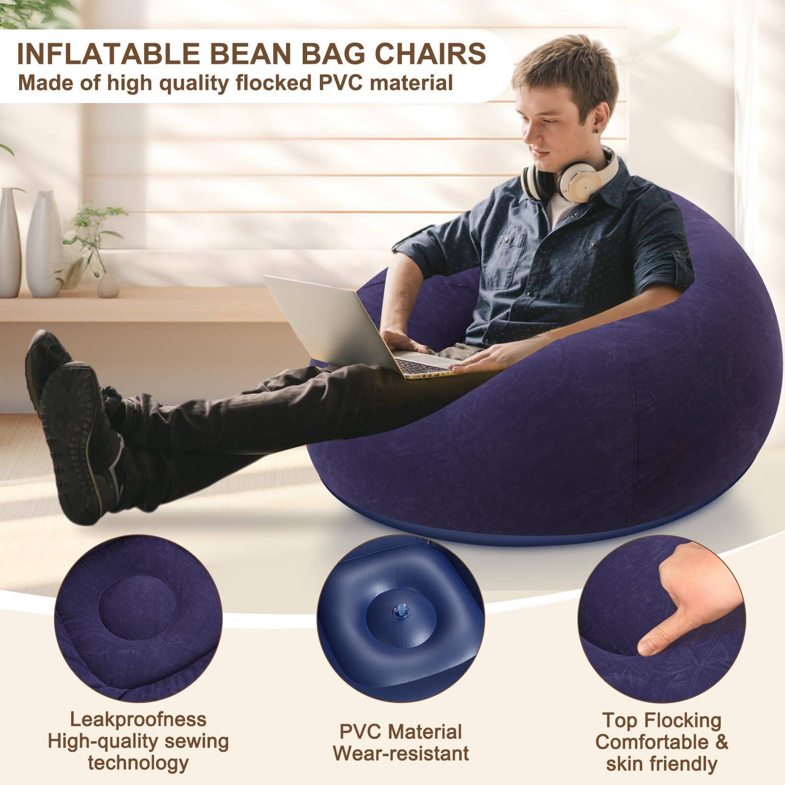 INFLATABLE BEAN BAG CHAIRS  
Made of high quality flocked PVC material  

- Leakproofness  
- High-quality sewing technology  
- PVC Material  
- Wear-resistant  
- Top Flocking  
- Comfortable & skin friendly