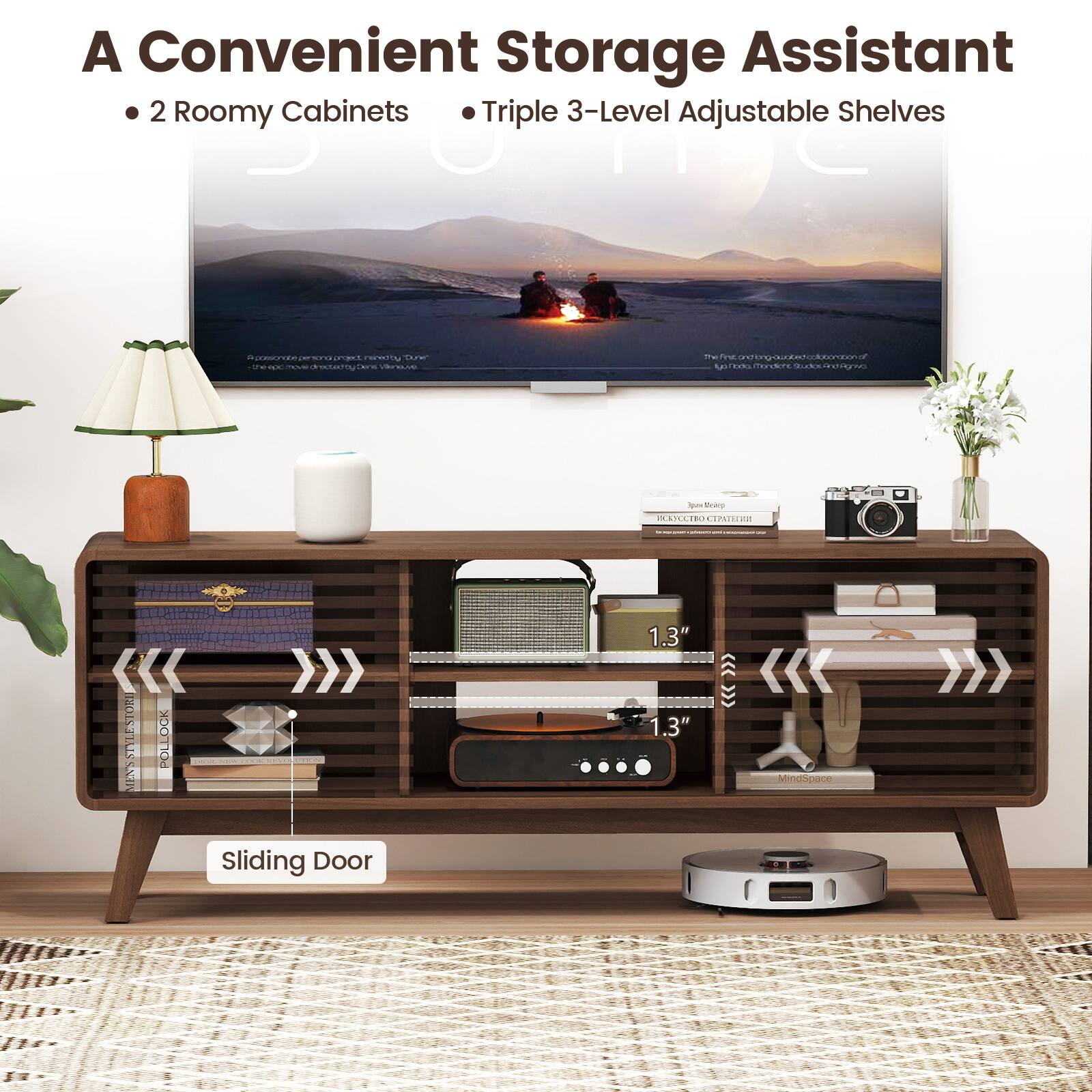 A Convenient Storage Assistant  
- 2 Roomy Cabinets  
- Triple 3-Level Adjustable Shelves  

Sliding Door  

1.3" 1.3"