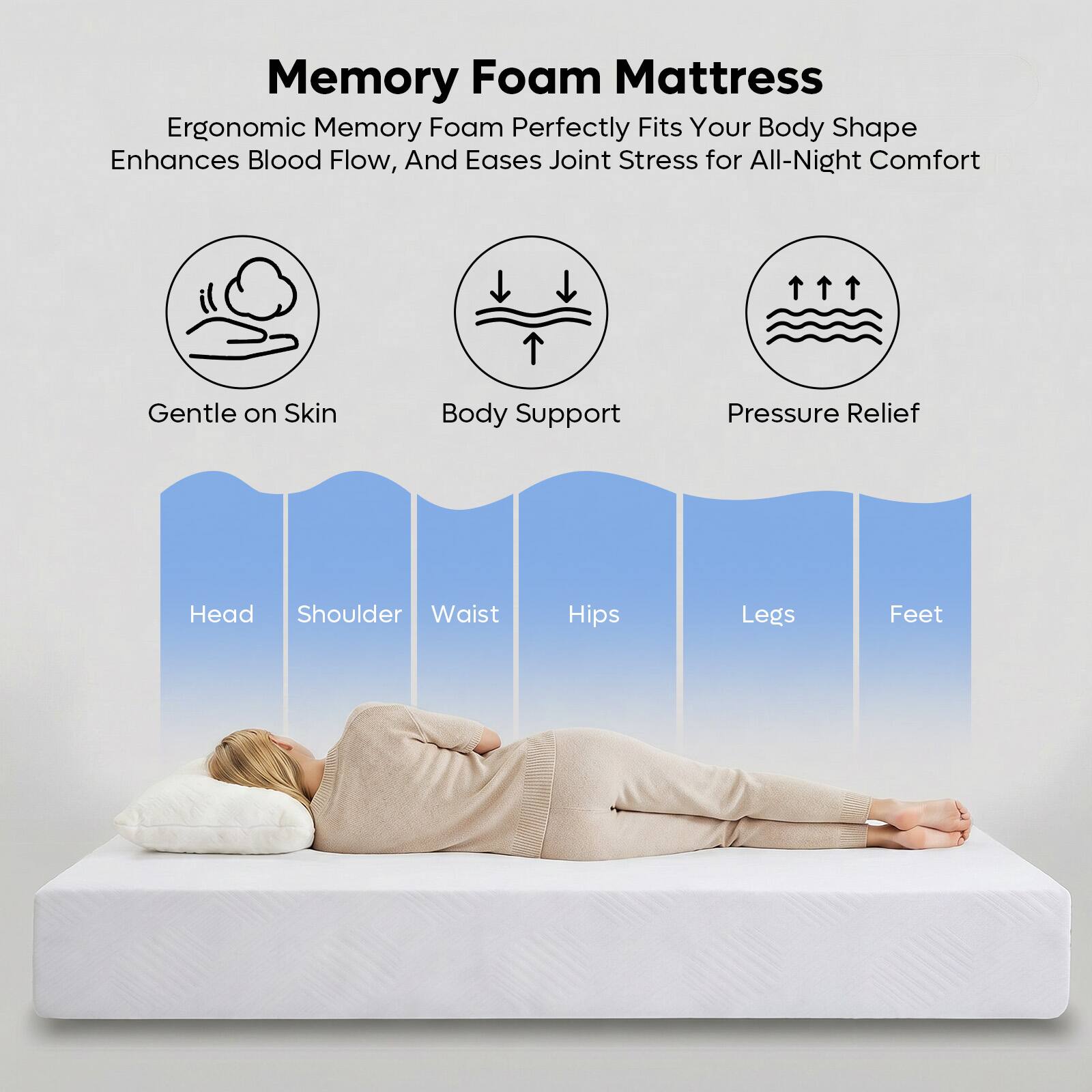 Memory Foam Mattress

Ergonomic Memory Foam Perfectly Fits Your Body Shape Enhances Blood Flow, And Eases Joint Stress for All-Night Comfort

Gentle on Skin
Body Support
Pressure Relief

Head
Shoulder
Waist
Hips
Legs
Feet