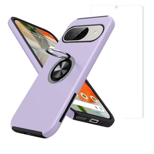 Front. Entronix - Entronix Enhanced Protection Bundle for Google Pixel 9 - 360 Degree Gripstand Case with Clear Screen Protector - Purple.