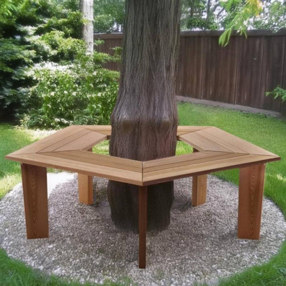 Angle. Hivvago - Solid Cedar Wood Outdoor 5 Sided Pentagon Tree Wrap Garden Bench - Brown.