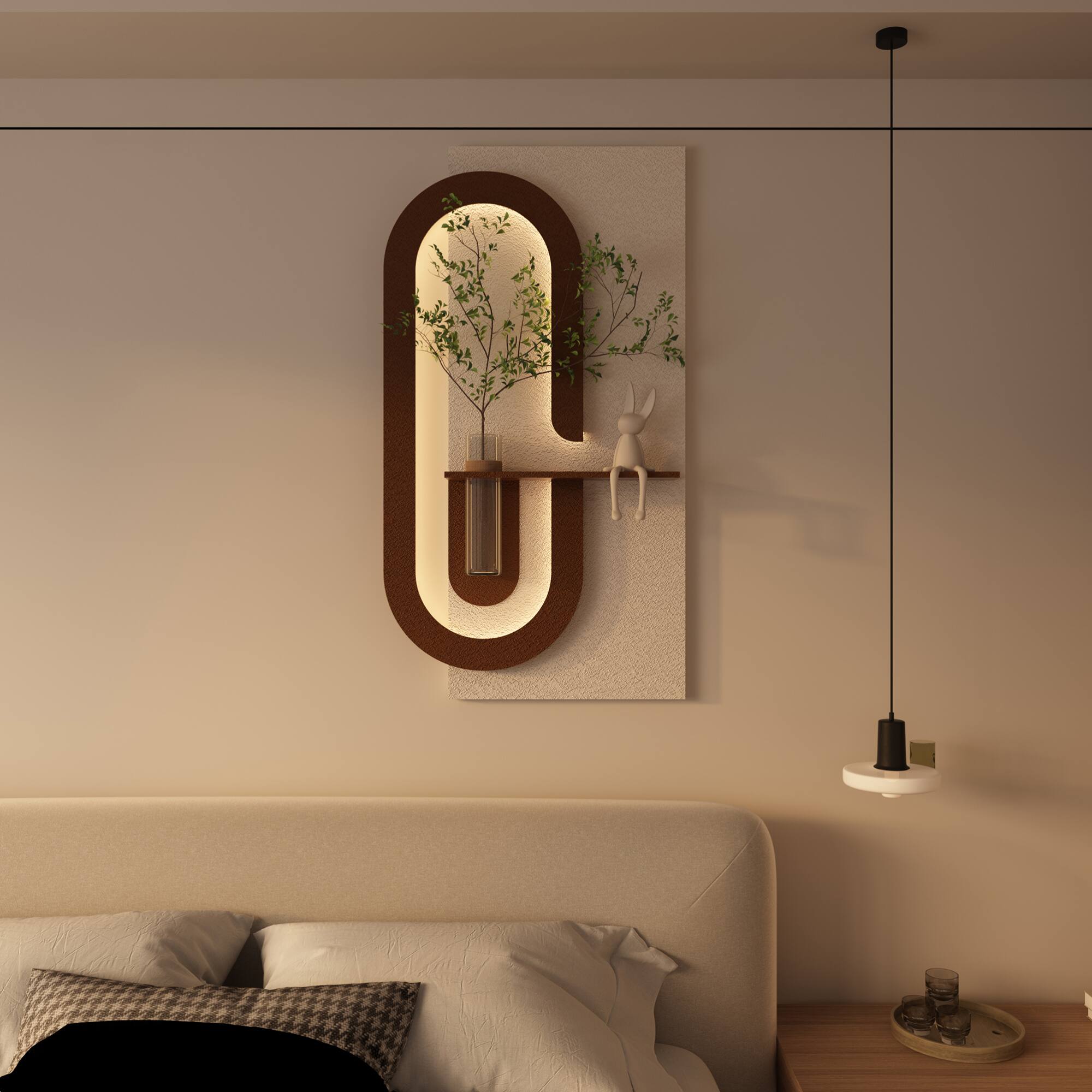 Angle. GOODSILO - Adjustable LED Sandstone Wall Decor with Simulated Plants and Glass Vase - Remote Control Light Strips for Home Decor - Light Coffee.