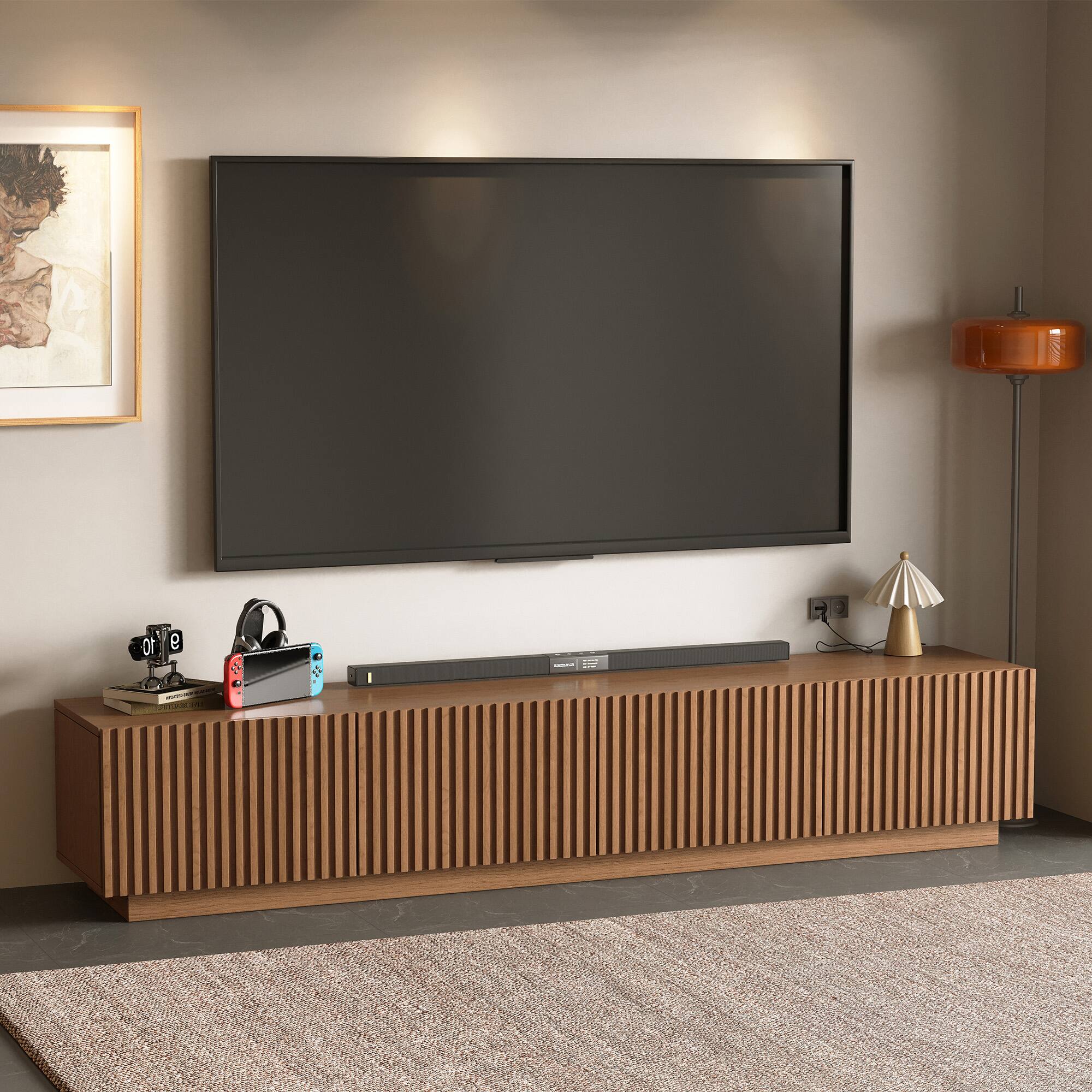 luck idea - 86.61" TV Stand & Media Console, Modern Entertainment Center with Large Storage for Living Room - Walnut Color