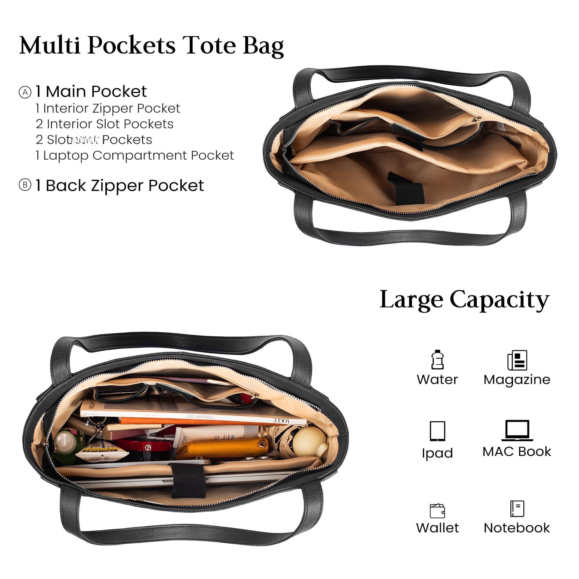 Multi Pockets Tote Bag

A) 1 Main Pocket  
- 1 Interior Zipper Pocket  
- 2 Interior Slot Pockets  
- 2 Slot Pockets  
- 1 Laptop Compartment Pocket  

B) 1 Back Zipper Pocket  

Large Capacity  
- Water  
- Magazine  
- Ipad  
- MAC Book  
- Wallet  
- Notebook