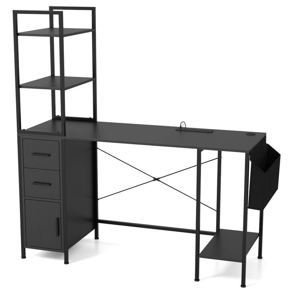 Alt View 1. Resenkos - Office Computer Desk - LED Lights, Power Outlets, Open Shelves, Black - Black.