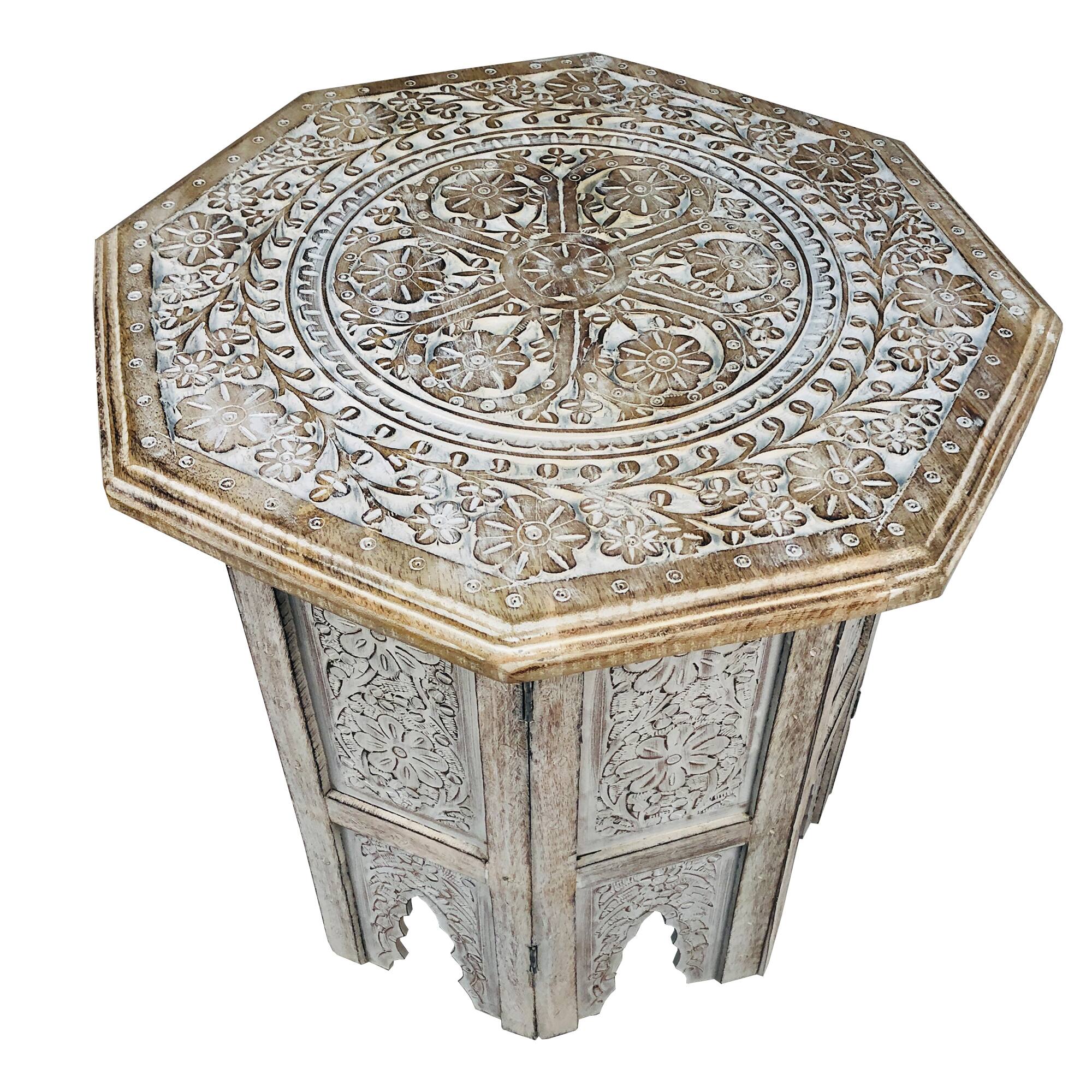 Alt View 1. Manhattan Lane - 18 Inch Handcrafted Farmhouse Side Table, Engraved Carved Design, Mango Wood, Octagonal Top - Brown.