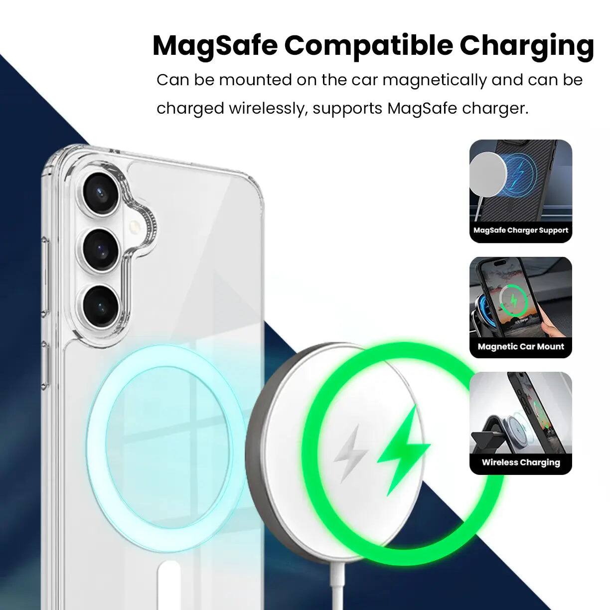 MagSafe Compatible Charging

Can be mounted on the car magnetically and can be charged wirelessly, supports MagSafe charger.

- MagSafe Charger Support
- Magnetic Car Mount
- Wireless Charging