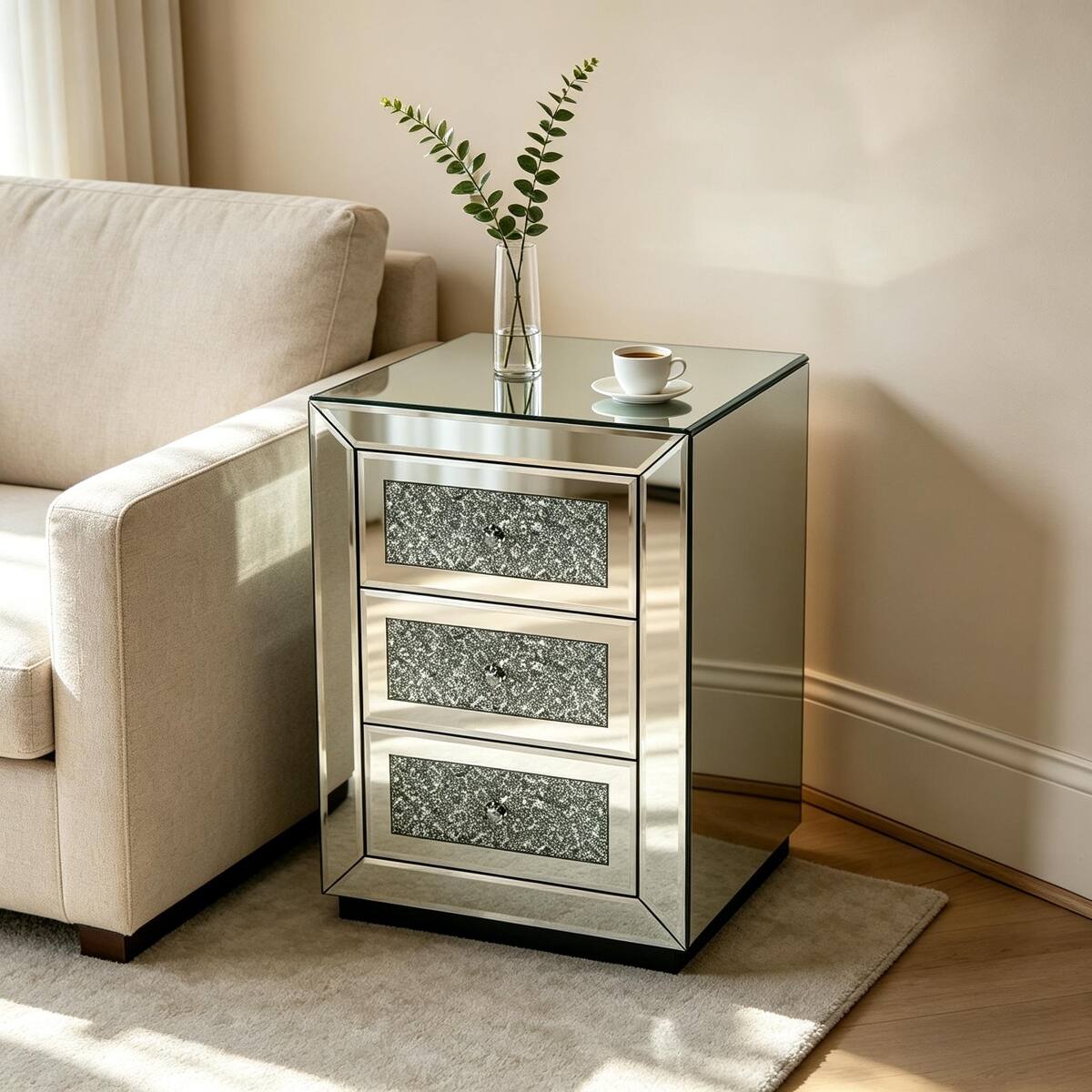 Alt View 10. Loheer - Loheer 3 Drawer Mirrored Nightstand, Silver Bedroom Side Table with Crystal Handles - Silver.