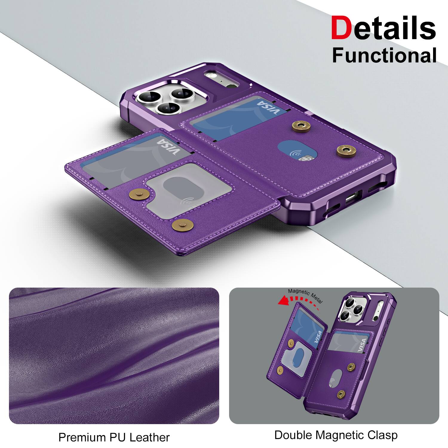 Details  
Functional  

Premium PU Leather  

Double Magnetic Clasp