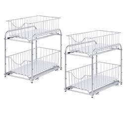 Oumilen - 2 Pack Silver Metal Wire Storage Drawer Baskets, 2-Tier Pull Out Sliding Organizer Rack for Kitchen Cabinet Countertop - Silver