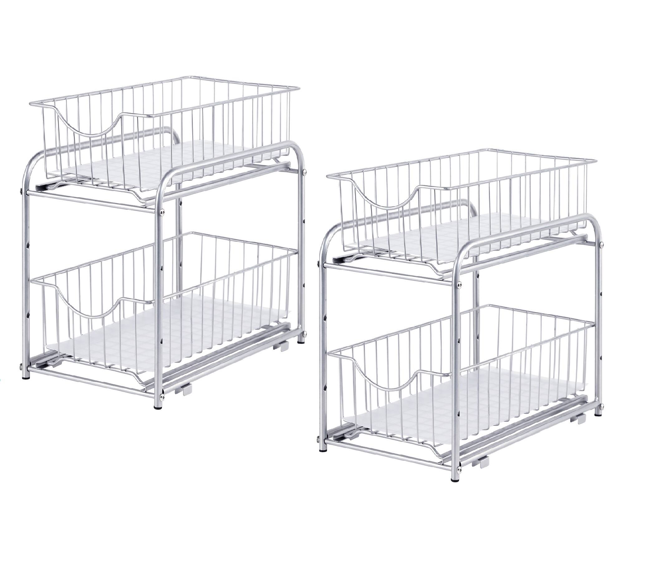Front. Oumilen - 2 Pack Silver Metal Wire Storage Drawer Baskets, 2-Tier Pull Out Sliding Organizer Rack for Kitchen Cabinet Countertop - Silver.