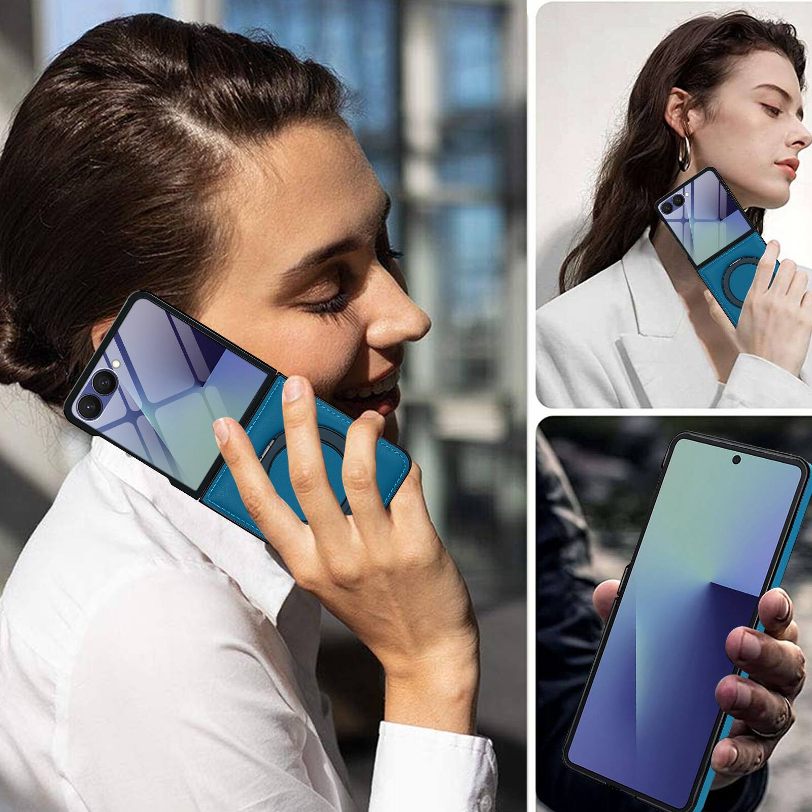 Alt View 4. Dteck - Magnetic Case for Samsung Galaxy Z Flip7 with Ring Kickstand,Built-in Screen Protector,Faux Leather Shockproof Cover - Blue.