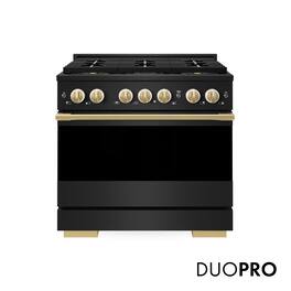 ZLINE - Autograph 36 in. 5.2 cu. ft. Marino Freestanding Manual Clean Gas Range with DuoPro Cooktop with Gold Accents - Black Stainless Steel