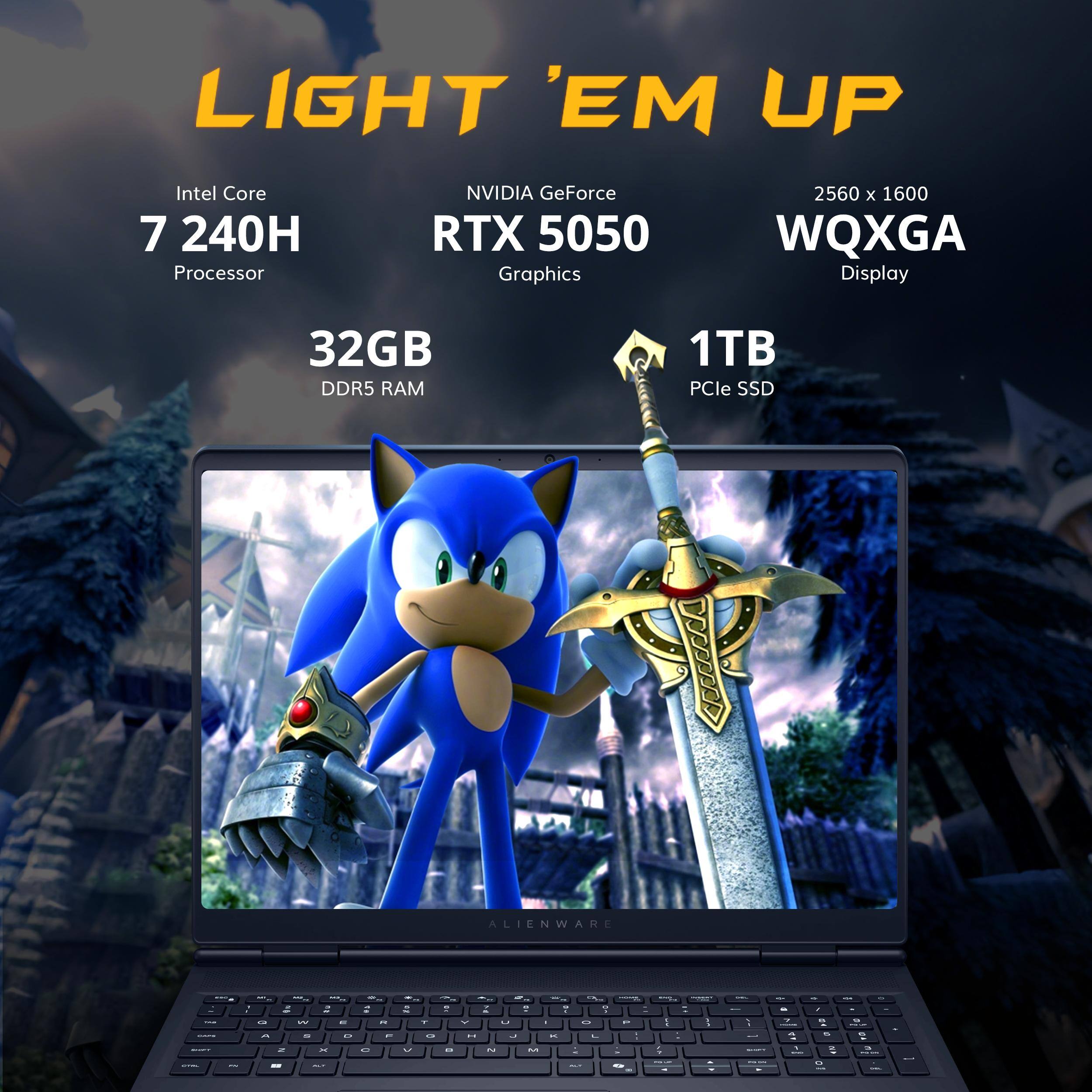 LIGHT 'EM UP  
Intel Core 7 240H Processor  
NVIDIA GeForce RTX 5050 Graphics  
2560 x 1600 WQXGA Display  
32GB DDR5 RAM  
1TB PCIe SSD  
ALIENWARE