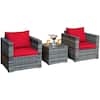 Front. Costway - 3 PC Patio Rattan Furniture Bistro Set Cushioned Sofa Chair Table - Red.