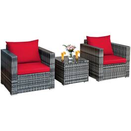 Costway - 3 PC Patio Rattan Furniture Bistro Set Cushioned Sofa Chair Table - Red