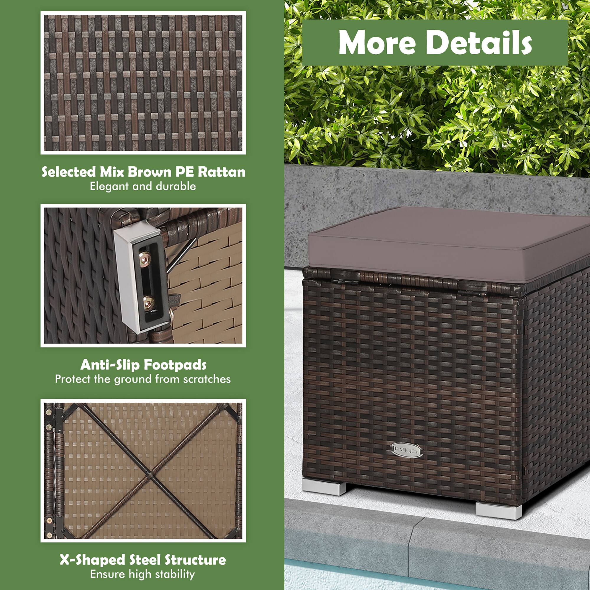 More Details

Selected Mix Brown PE Rattan  
Elegant and durable

Anti-Slip Footpads  
Protect the ground from scratches

X-Shaped Steel Structure  
Ensure high stability
