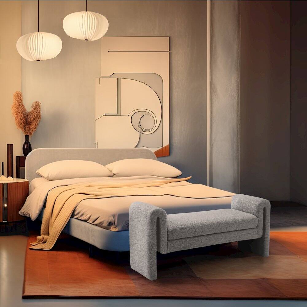 Alt View 1. Meridian Furniture - Stylus Grey Boucle Fabric Bench - Grey.