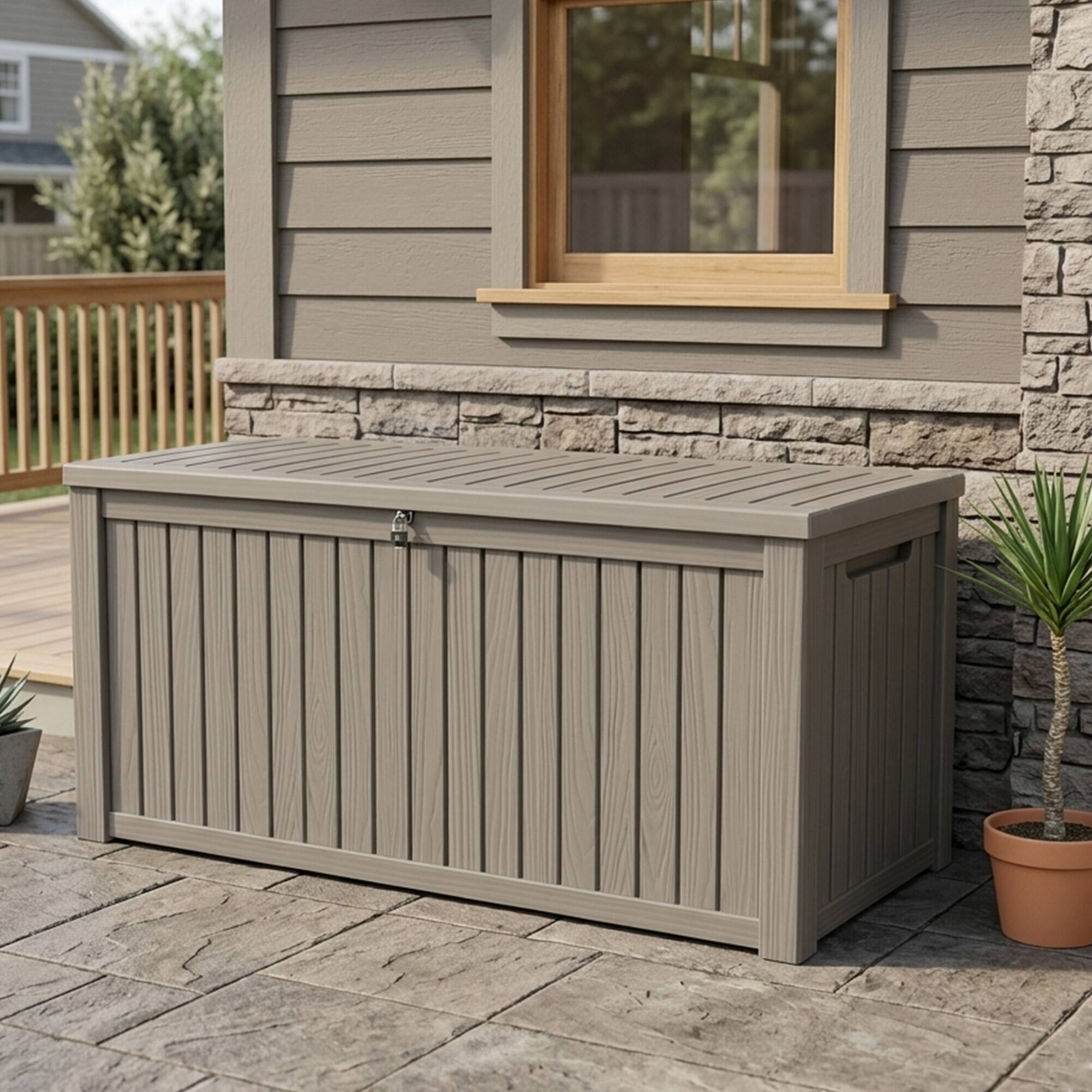 Left. Yardgrace - 220 Gallon Outdoor Storage Box, Resin Waterproof UV-Resistant Deck Box, Reinforced Stability for Patio, Garden - Brown.