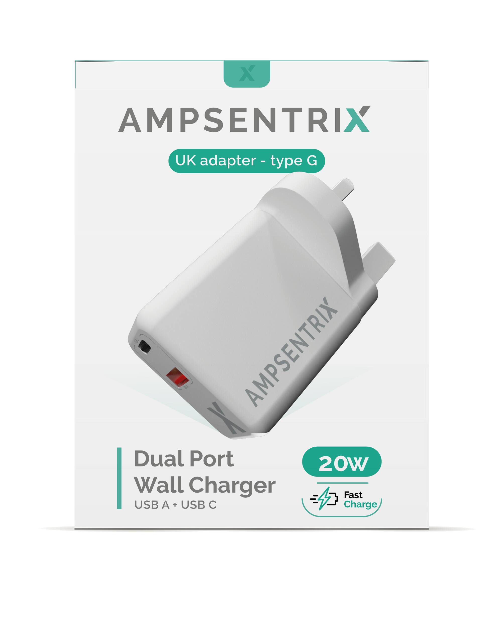 AMPSENTRIX  
UK adapter - type G  

Dual Port Wall Charger  
USB A + USB C  

20W  
Fast Charge