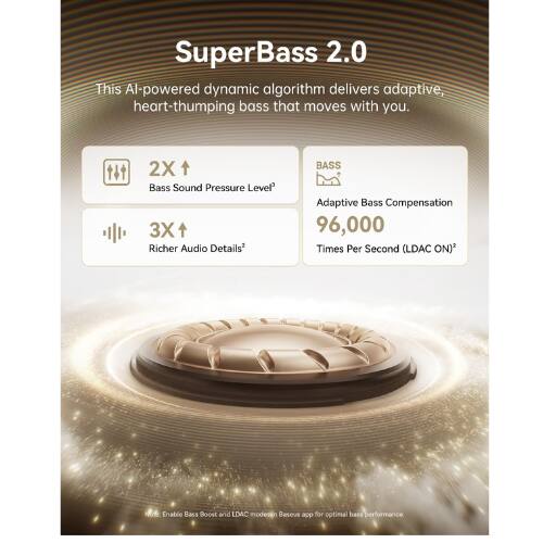 SuperBass 2.0

This AI-powered dynamic algorithm delivers adaptive, heart-thumping bass that moves with you.

- 2X Bass Sound Pressure Level
- 3X Richer Audio Details
- BASS Adaptive Bass Compensation 96,000 Times Per Second (LDAC ON)
- Enable Bass Boost and LDAC modes for optimal bass performance