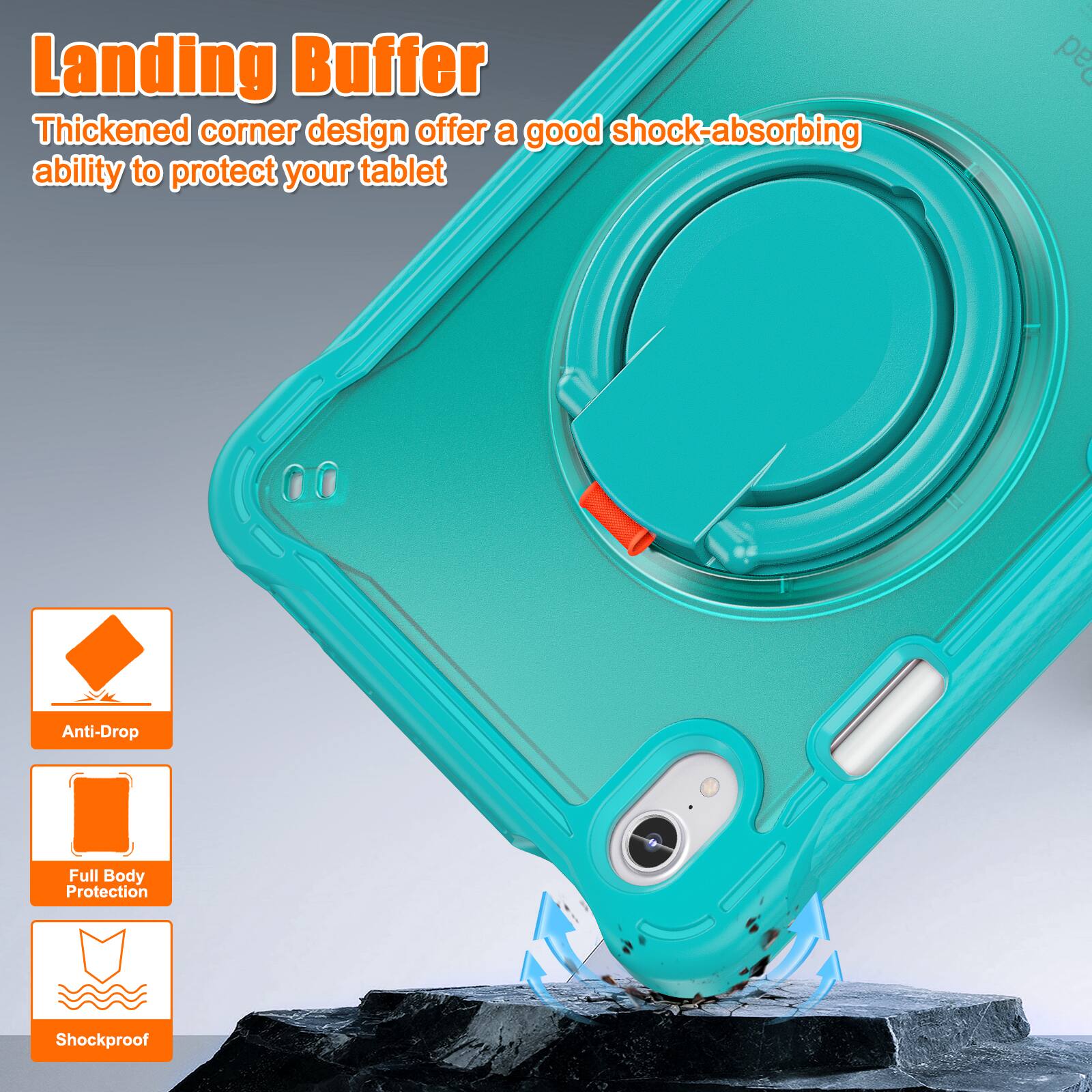 Landing Buffer  
Thickened corner design offers a good shock-absorbing ability to protect your tablet  

Anti-Drop  
Full Body Protection  
Shockproof