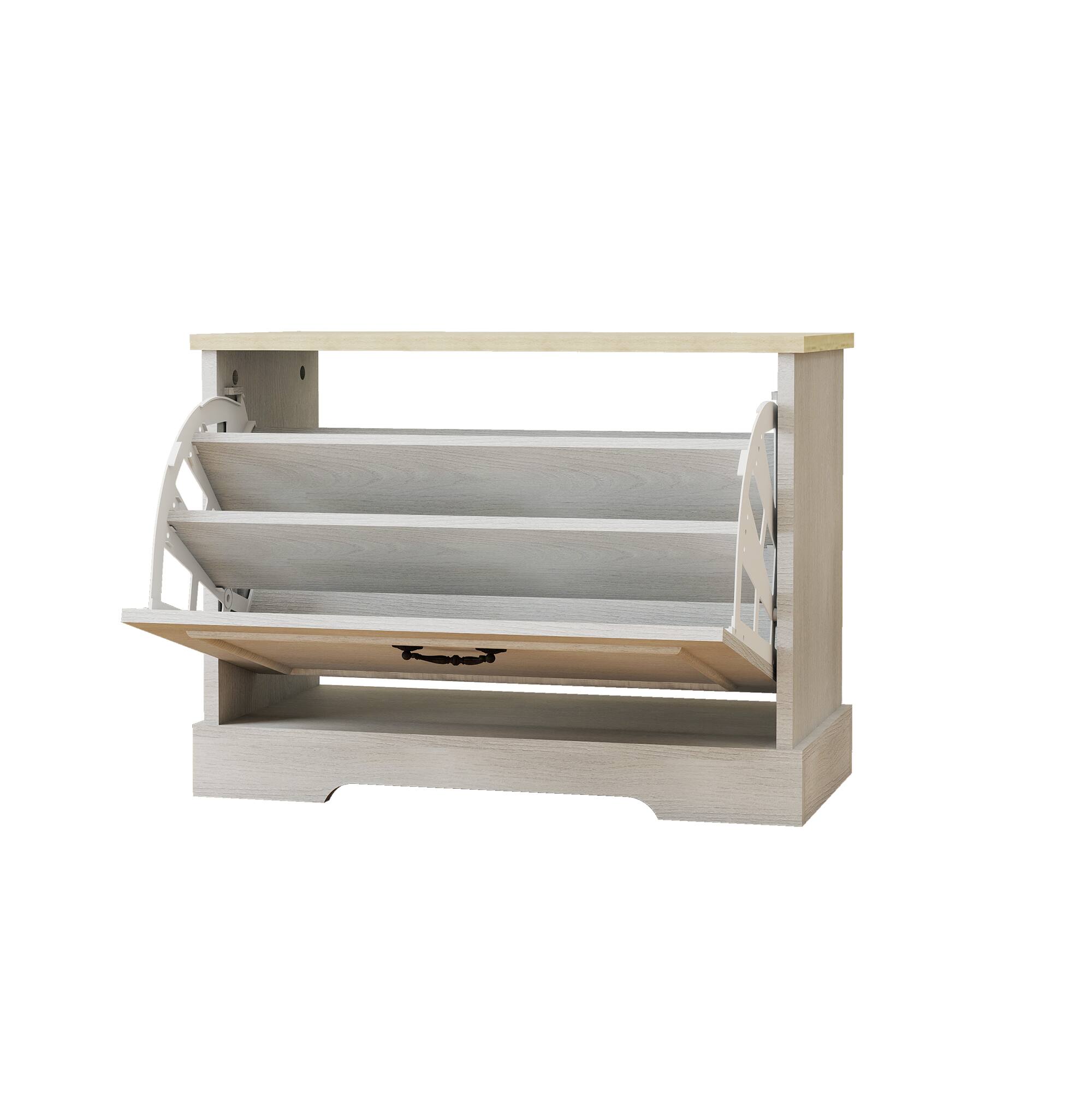 Back. Whisen - Entryway Shoe Storage Bench with Flip-Top Drawer, Space-Saving Shoe Cabinet with Seat - White.