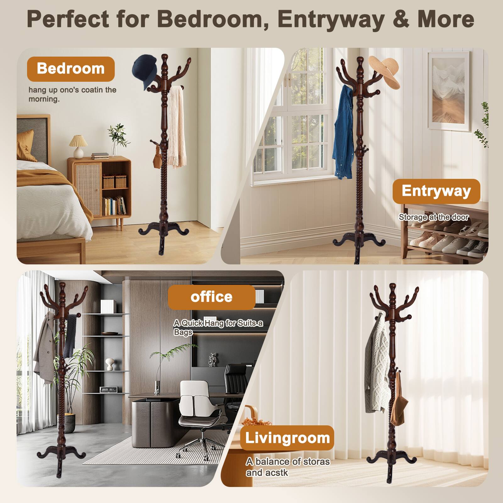 Alt View 5. Chateau Abodes - Solid Wood Coat Rack, Free Standing Hall Coat Tree with 11Hooks, 2 Height Options, 270lbs Load, Stury Base - Dark Brown - Tri-legged.