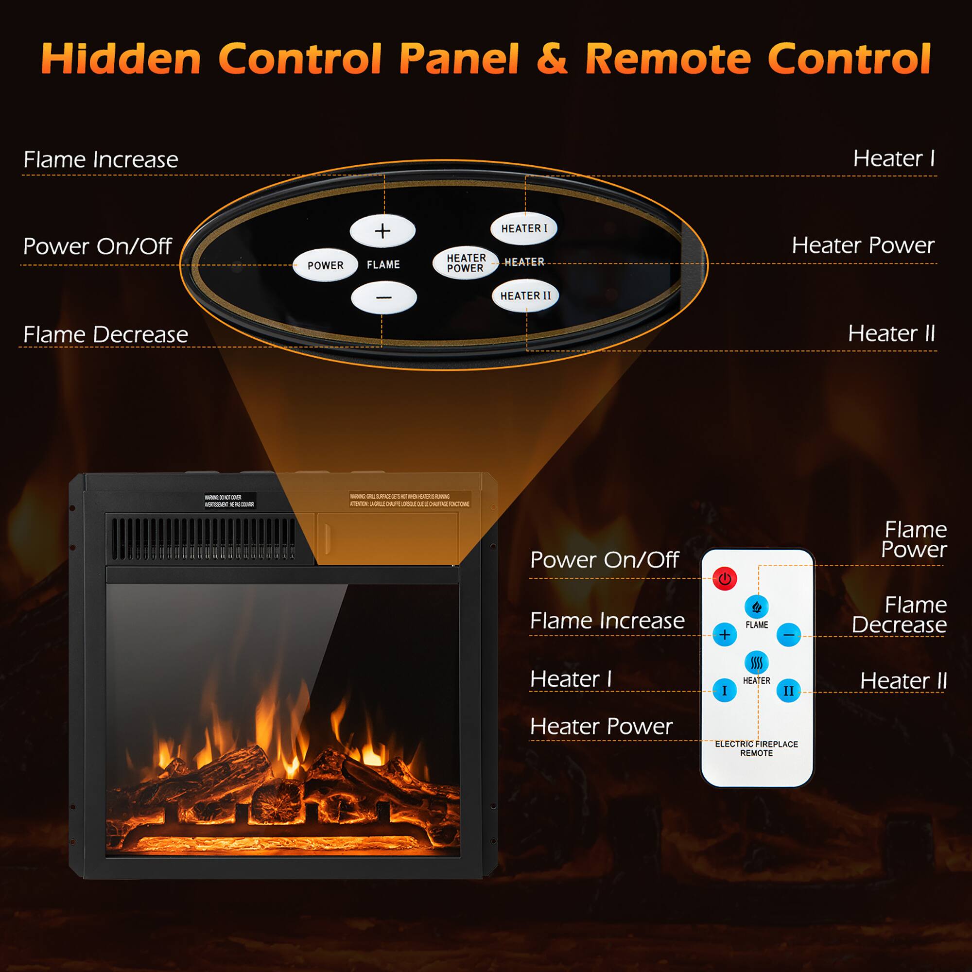 Hidden Control Panel & Remote Control

Flame Increase  
Power On/Off  
Flame Decrease  

Heater I  
Heater Power  
Heater II  

Power On/Off  
Flame Increase  
Flame Power  
Flame Decrease  
Heater I  
Heater II  
Heater Power  

ELECTRIC FIREPLACE REMOTE