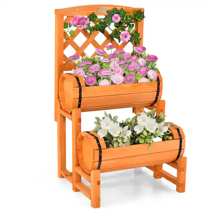 Front. Costway - Costway 2-Tier Wooden Raised Garden Bed Container w/2 Cylindrical Planter Boxes & Trellis - Orange.