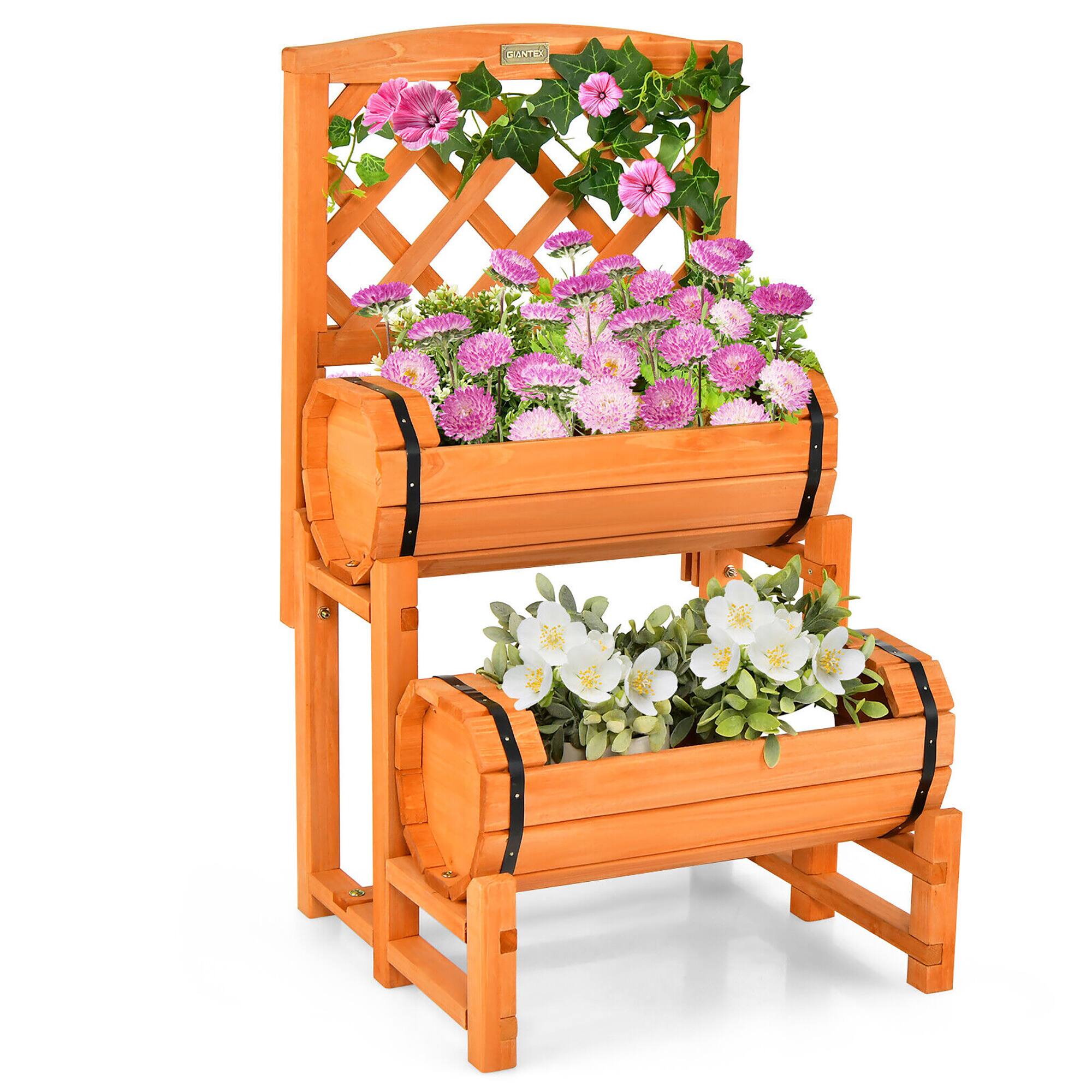 Front. Costway - Costway 2-Tier Wooden Raised Garden Bed Container w/2 Cylindrical Planter Boxes & Trellis - Orange.
