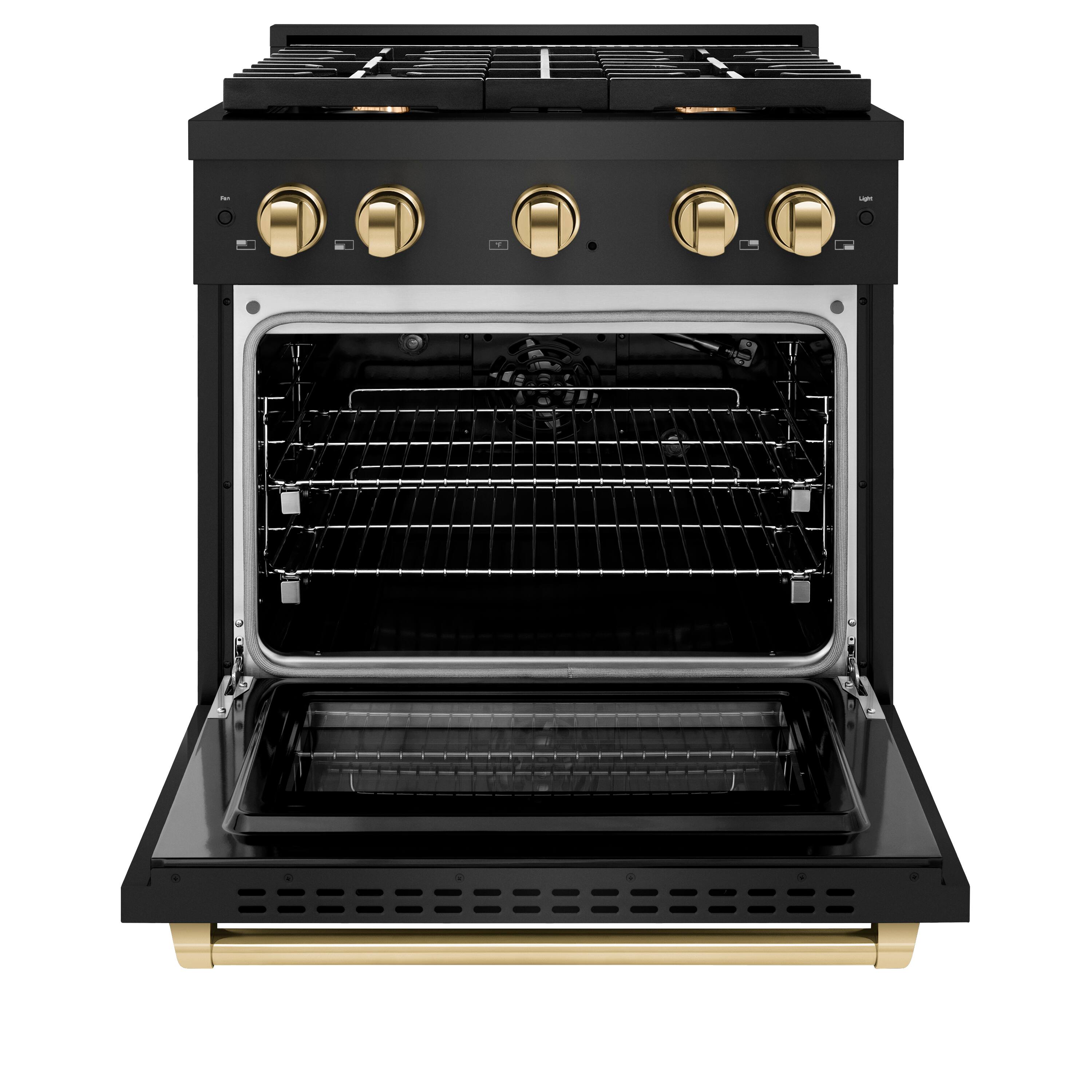 Angle. ZLINE - Autograph 30" Paramount Black Stainless Gas Range w/ 4 Burners & Gold Accents (SGRBZ-30-G) - Black Stainless Steel.