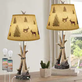 Akoasm - Farmhouse Deer Antler Table Lamps Bedside Lamp with 2 USB Ports for Living Room Bedroom, Set of 2 (2 Bulbs Included)